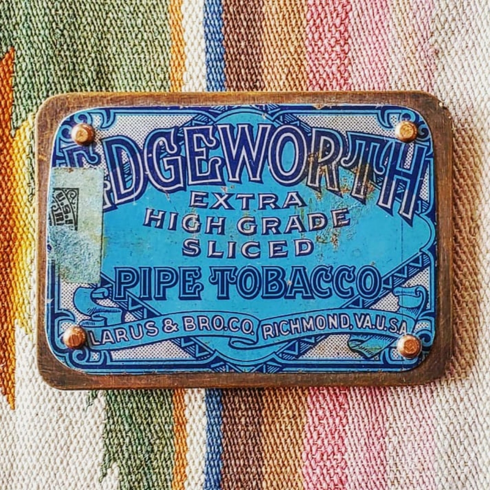 Upcycled vintage tobacco tin belt buckle